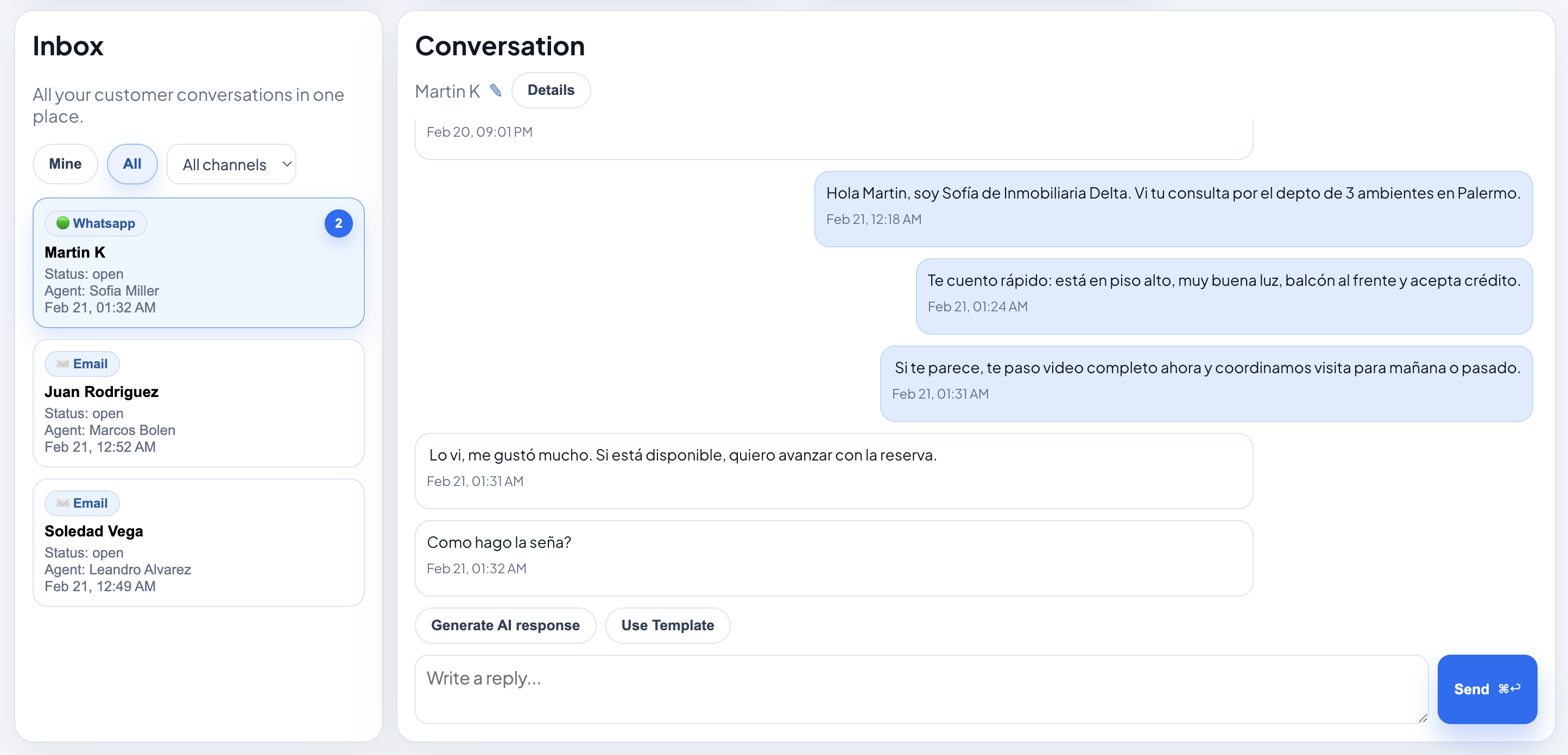 Inbox de LeadBox con conversaciones y asignacion por agente