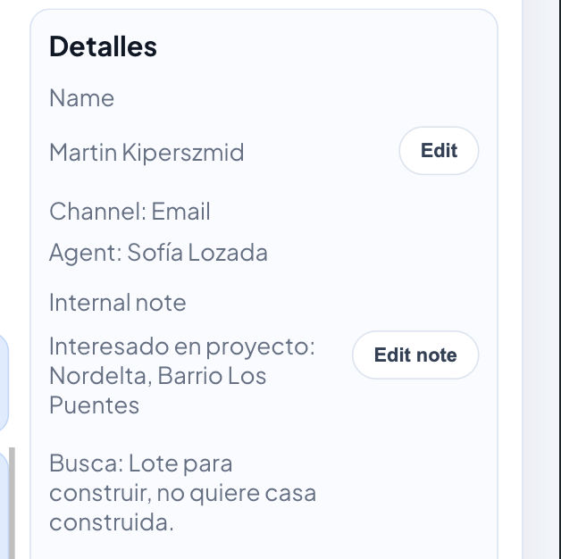 Panel de detalles con nota interna del lead para seguimiento